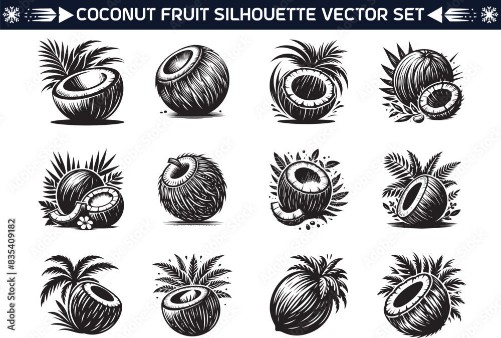 Coconut fruit silhouette vector illustration set Coconut fruit silhouette vector illustration set