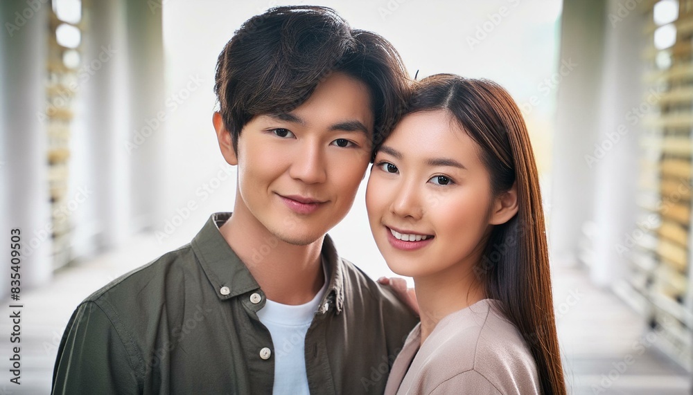 Obraz premium Close-up view of a young, beautiful Japanese couple deeply in love, showcasing intricate details of their faces.