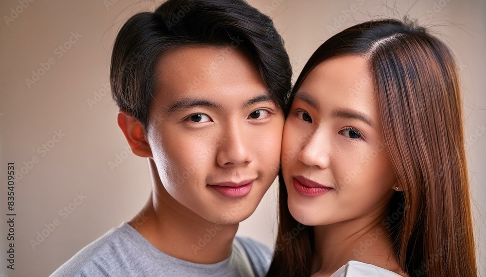 Close-up view of a young, beautiful Japanese couple deeply in love, showcasing intricate details of their faces. Close-up view of a young, beautiful Japanese couple deeply in love, showcasing intricate details of their faces.