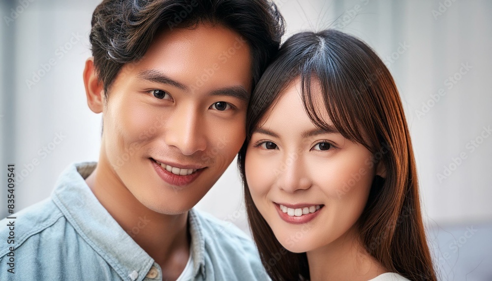 Close-up view of a young, beautiful Japanese couple deeply in love, showcasing intricate details of their faces. Close-up view of a young, beautiful Japanese couple deeply in love, showcasing intricate details of their faces.