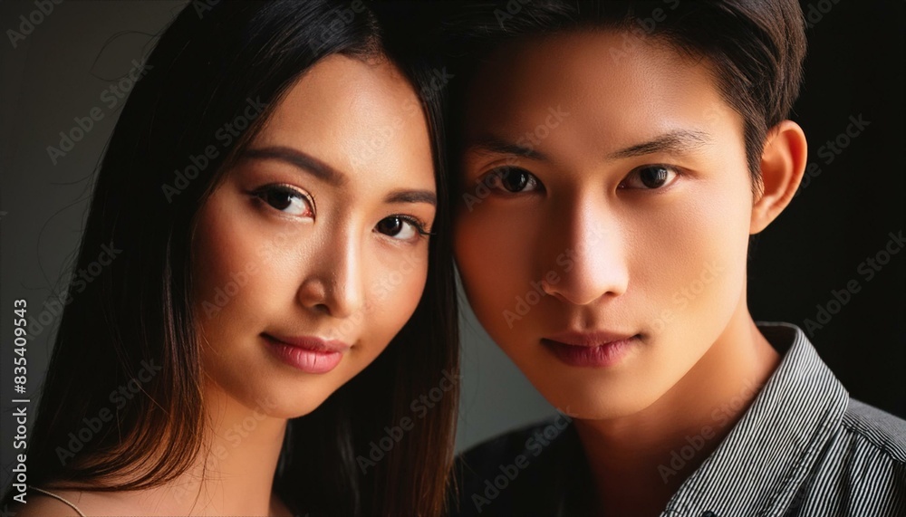 Close-up view of a young, beautiful Japanese couple deeply in love, showcasing intricate details of their faces. Close-up view of a young, beautiful Japanese couple deeply in love, showcasing intricate details of their faces.