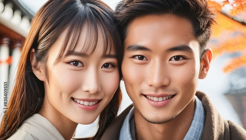 Close-up view of a young, beautiful Japanese couple deeply in love, showcasing intricate details of their faces. Close-up view of a young, beautiful Japanese couple deeply in love, showcasing intricate details of their faces.