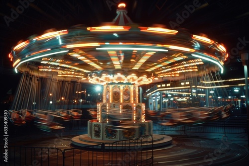 A colorful merry-go-round ride lit up at nighttime, suitable for use in theme park or carnival scenes