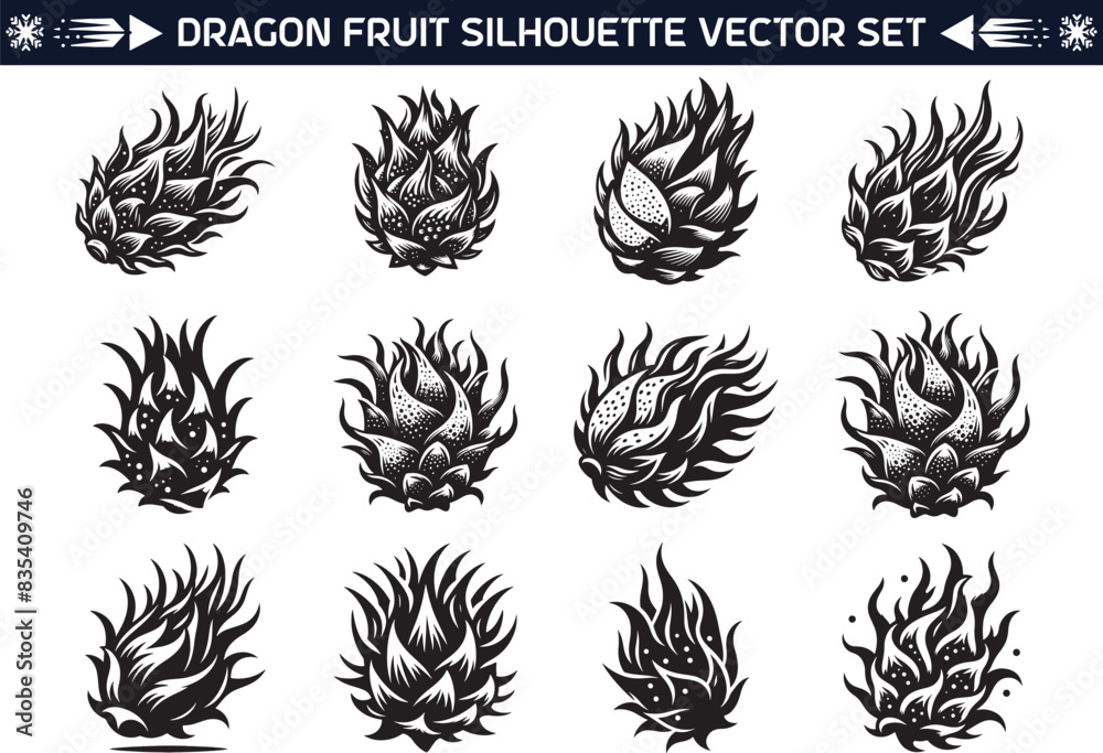 Dragon fruit silhouette vector illustration set Dragon fruit silhouette vector illustration set