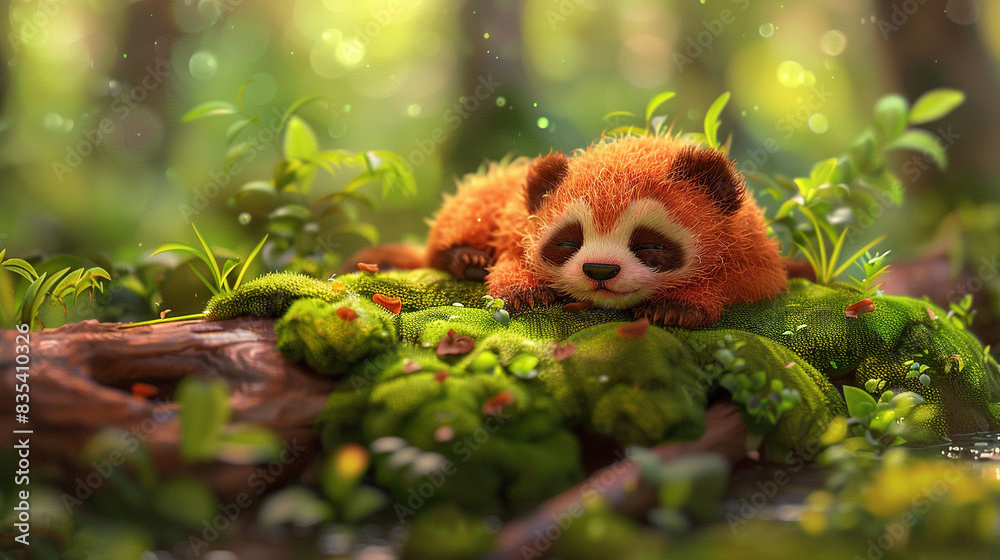 Fototapeta premium Red panda resting atop leafy forest tree