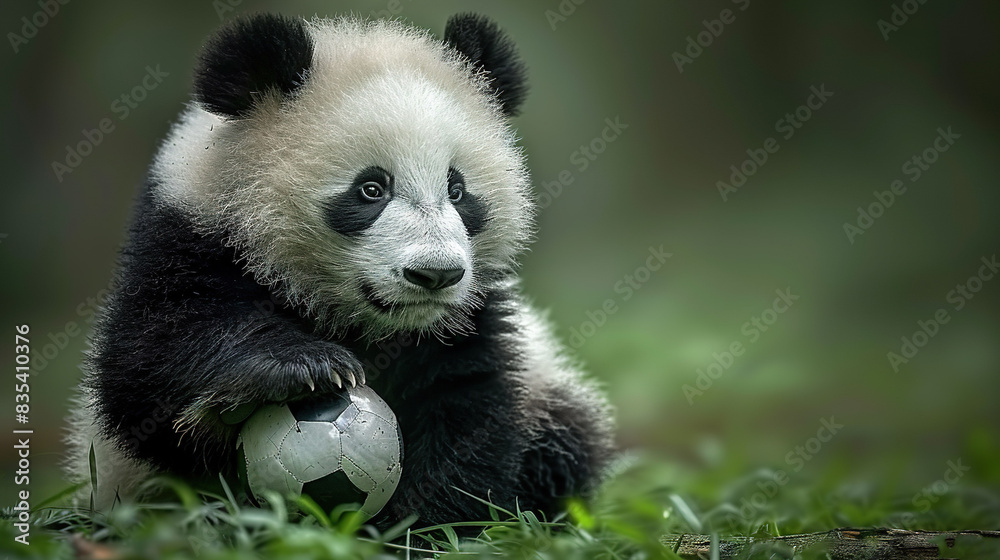 Black and white panda bear playing with ball in grassy area surrounded by trees and grass Black and white panda bear playing with ball in grassy area surrounded by trees and grass
