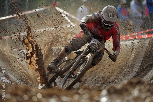 Dynamic BMX Cyclist Navigating Muddy Olympic Track Capturing the Rough Sport's Challenge for Enthusiasts and Competitions