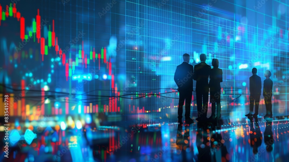 People looking at and discussing a stock market chart with graphs and numbers. People looking at and discussing a stock market chart with graphs and numbers.