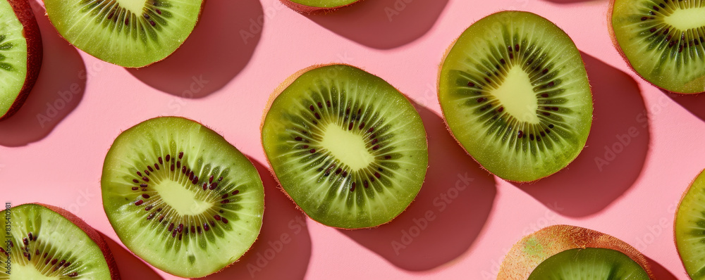 Fresh kiwi fruit slices on a pink background Fresh kiwi fruit slices on a pink background