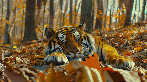   A tiger resting atop a mound of foliage amidst a dense woodland landscape teeming with towering trees © Olga