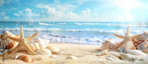 The picture provides a tranquil summer sea backdrop adorned with starfish shells and a wooden surface