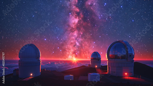 breathtaking view of the Milky Way galaxy from the Mauna Kea Observatories in Hawaii with the telescopes silhouetted against the starry sky
