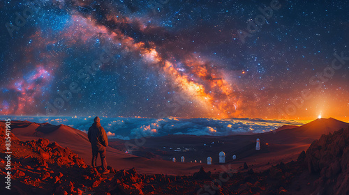 breathtaking view of the Milky Way from the summit of Mauna Kea in Hawaii with observatories and telescopes dotting the landscape