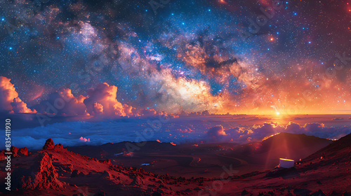 breathtaking view of the Milky Way from the summit of Mauna Kea in Hawaii with observatories and telescopes dotting the landscape photo