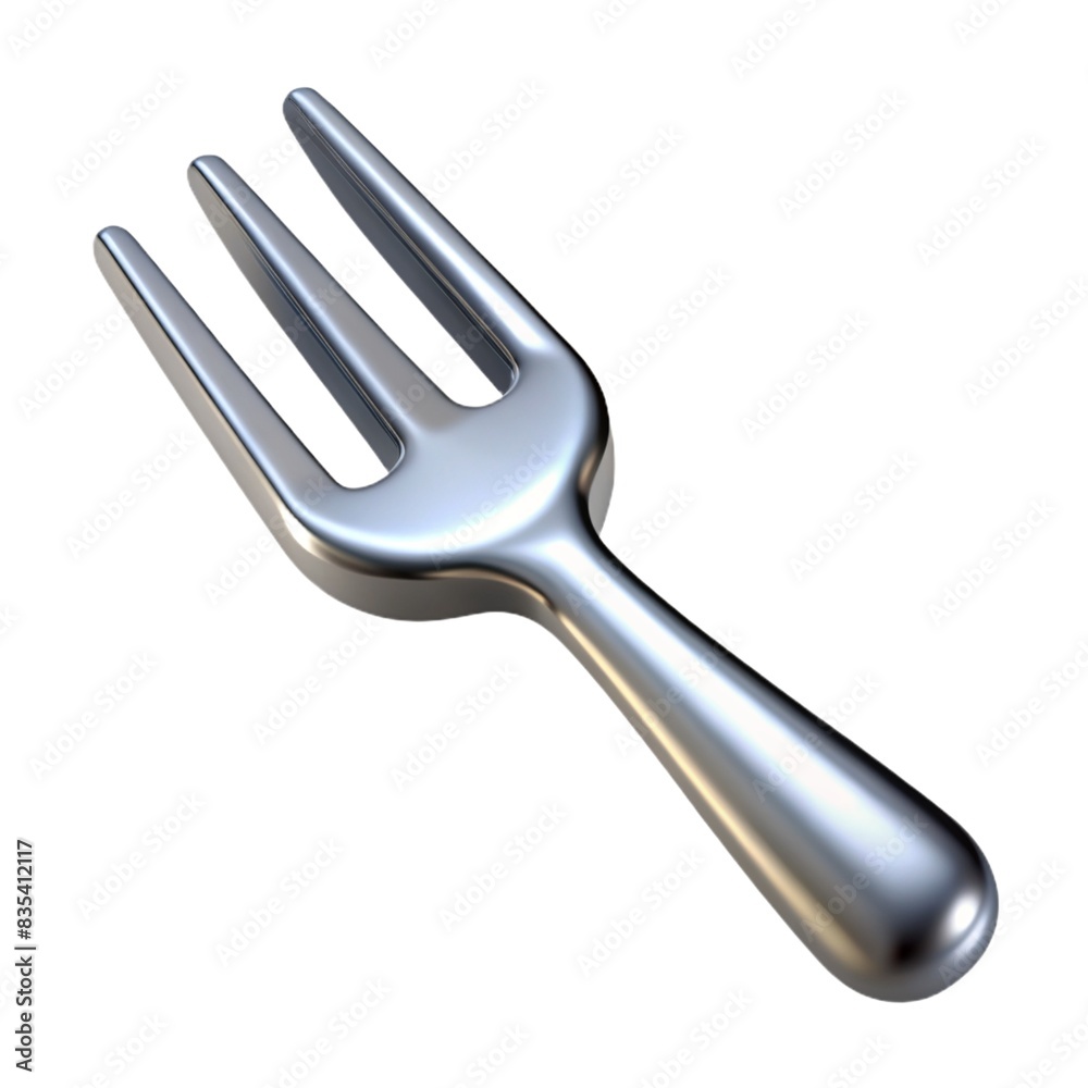 Fototapeta premium Abstract shiny metal fork reflects light in 3D render, essential utensil for dining Metal fork. Metal fork isolated on white background.