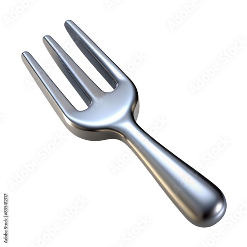 Abstract shiny metal fork reflects light in 3D render, essential utensil for dining Metal fork. Metal fork isolated on white background.