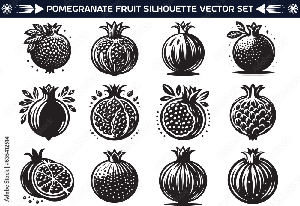 Pomegranate fruit silhouette vector illustration set Pomegranate fruit silhouette vector illustration set