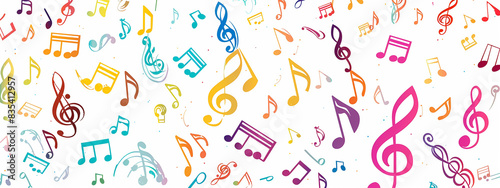 Abstract Colorful musical notes long narrow white background, Colorful music notes sound melody grunge.