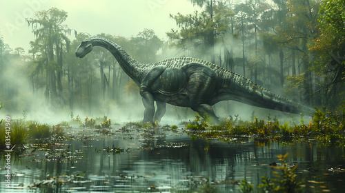 Brontosaurus walking through a swamp with mist rising from the water photo