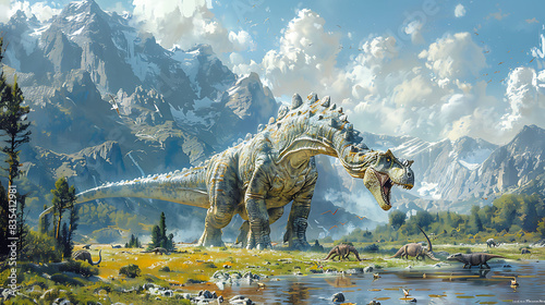 Camarasaurus grazing peacefully in a large open field with mountains in the background and other dinosaurs nearby