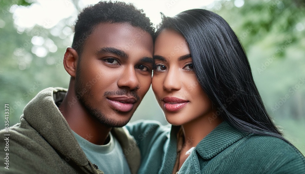 Close-up view of a beautiful young Latin South American couple deeply in love, featuring a Hispanic man and a Latina woman. The portrait highlights intricate details of their faces Close-up view of a beautiful young Latin South American couple deeply in love, featuring a Hispanic man and a Latina woman. The portrait highlights intricate details of their faces