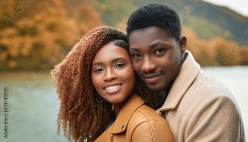 Close-up view of a beautiful young African American couple in love, showcasing the intricate details of their faces. The couple consists of a handsome black man and a stunning Afro woman.