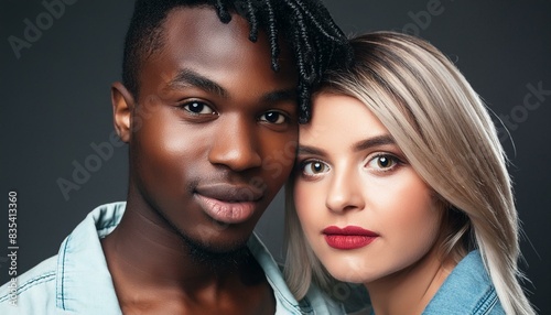 Close-up view of a beautiful young African American couple in love, showcasing the intricate details of their faces. The couple consists of a handsome black man and a stunning Afro woman.
