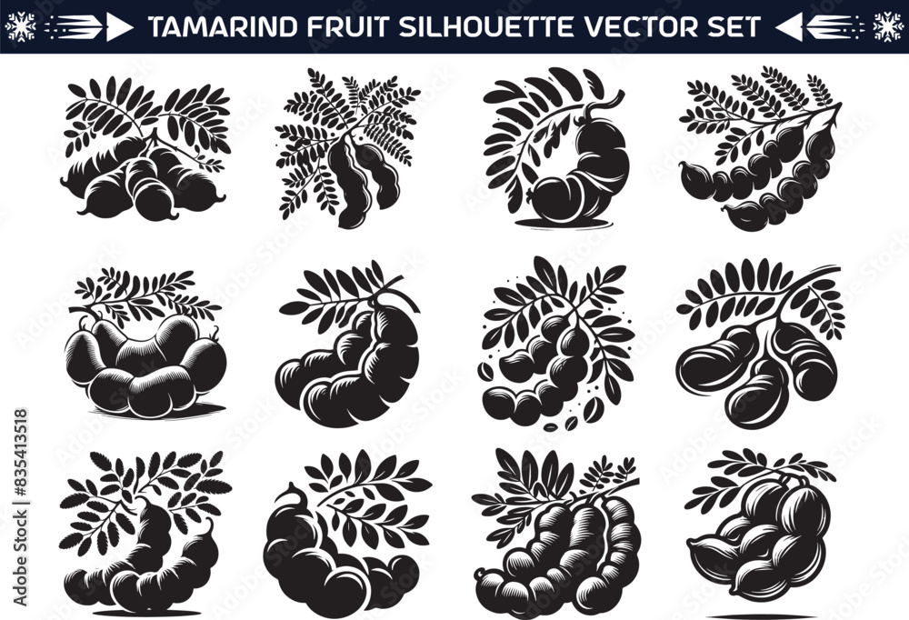 Tamarind fruit silhouette vector illustration set Tamarind fruit silhouette vector illustration set