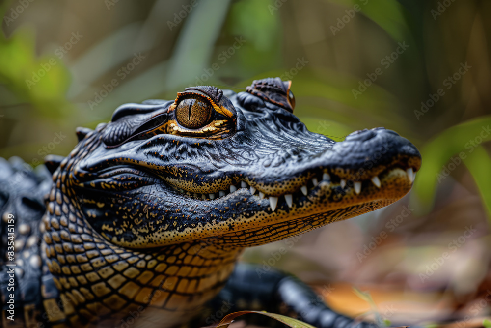Fototapeta premium Close up portrait of crocodile in natural habitat. Alligator is waiting for prey