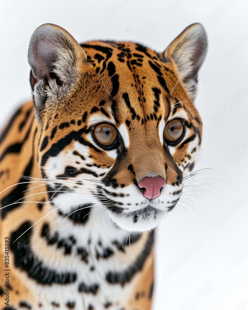 Obraz premium Mystic portrait of Amazon Ocelot, copy space on right side, Anger, Menacing, Headshot, Close-up View Isolated on white background
