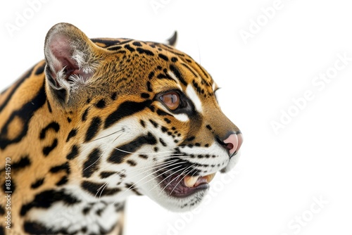 Mystic portrait of Amazon Ocelot studio  copy space on right side  Anger  Menacing  Headshot  Close-up View Isolated on white background