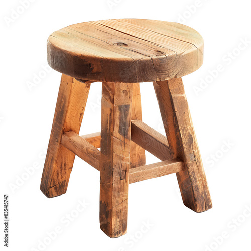 Rustic Wooden Stool Isolated on PNG Cutout Transparent Background photo