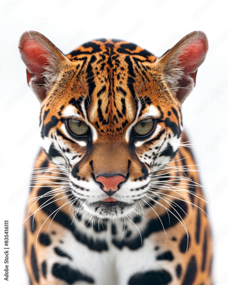 Obraz premium Mystic portrait of Southeastern Ocelot, copy space on right side, Anger, Menacing, Headshot, Close-up View Isolated on white background