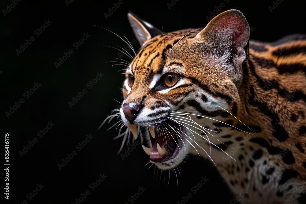 Mystic portrait of Southeastern Ocelot in studio, copy space on right side, Anger, Menacing, Headshot, Close-up View Isolated on black background