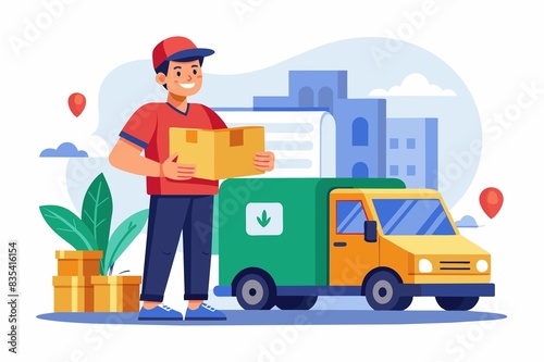 Digital Online Shop Global logistic Truck and Smiling young male postal delivery courier man in front of cargo van delivering package © ArtfuIInfusion769