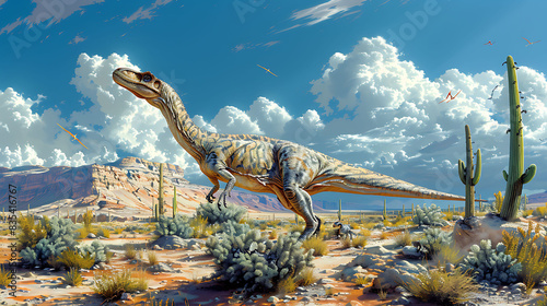 Coelophysis hunting in a desert environment with cacti and sand dunes and other dinosaurs nearby