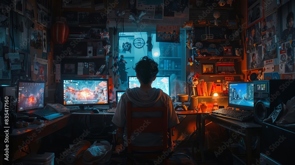 Explore the nocturnal realm of gaming with breathtaking imagery showcasing a gamer navigating virtual worlds in the dimly lit ambiance of a dark room