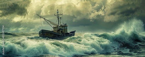 A dramatic scene featuring a fishing boat navigating through turbulent ocean waves under stormy skies. photo