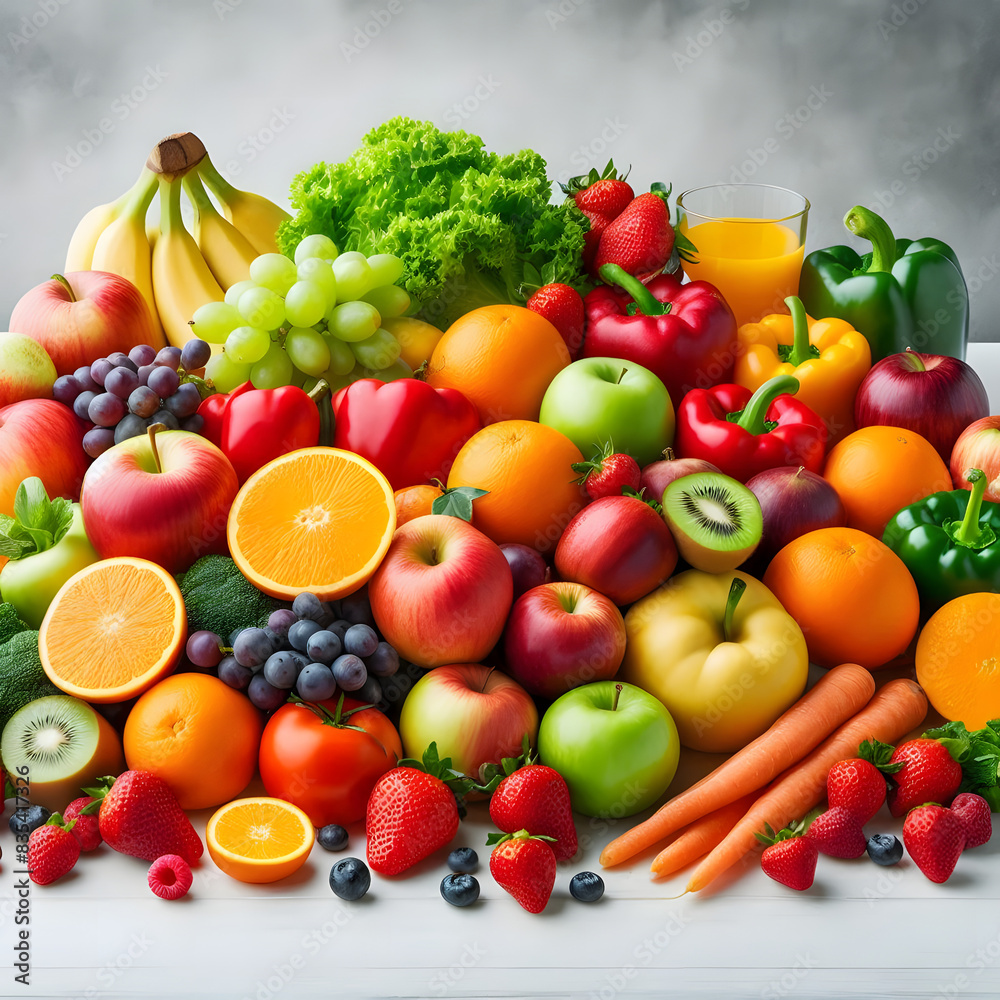A variety of fresh fruits and vegetables displayed for commercial use A variety of fresh fruits and vegetables displayed for commercial use