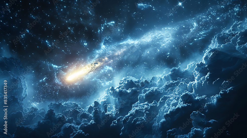 comet streaking through the Oort Cloud leaving a trail of glowing particles behind it comet streaking through the Oort Cloud leaving a trail of glowing particles behind it