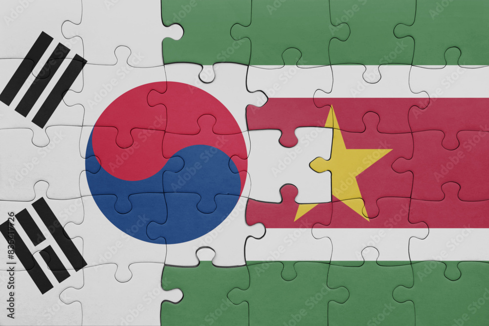 puzzle with the colourful national flag of suriname and flag of south ...