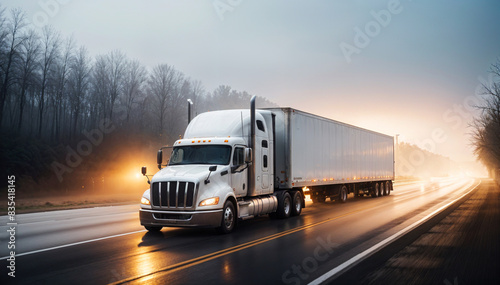  Modern white commercial truck with a blank white trailer driving on a highway in the American heartland.

