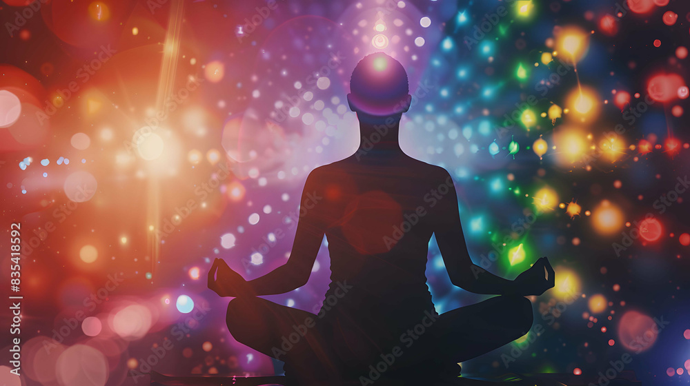 A close-up view of a person meditating with a serene expression, surrounded by vibrant, glowing chakra symbols representing different energy centers. A close-up view of a person meditating with a serene expression, surrounded by vibrant, glowing chakra symbols representing different energy centers.