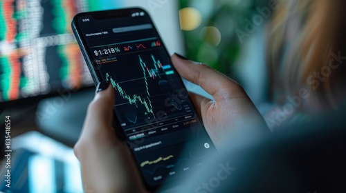 Wallpaper Mural A person standing and holding a cell phone in front of a computer monitor displaying information. Torontodigital.ca