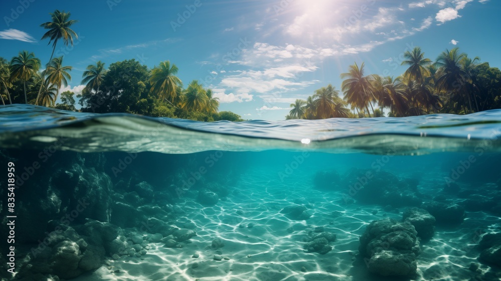 A Beautiful Underwater and Above Water View of a Tropical Island Paradise A Beautiful Underwater and Above Water View of a Tropical Island Paradise