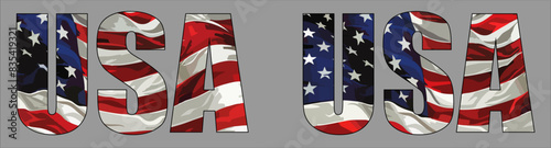 Vector isolated drawing for t-shirt with inscription of name of country of usa on background of national united states flag. Pattern for fabric, paper, clothing. American flag font. Mockup for t shirt