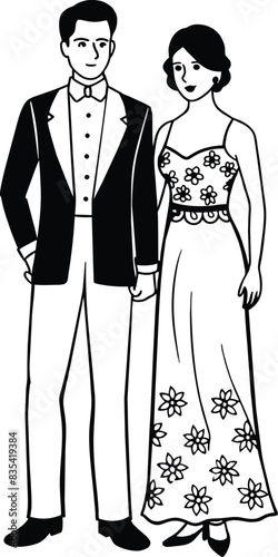 A couple attending a high-society event in elegant white attire white floral design.