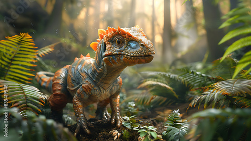 cute baby Shunosaurus feeding on leaves from tall trees in a dense Jurassic forest depicted in a 3D rendering photo