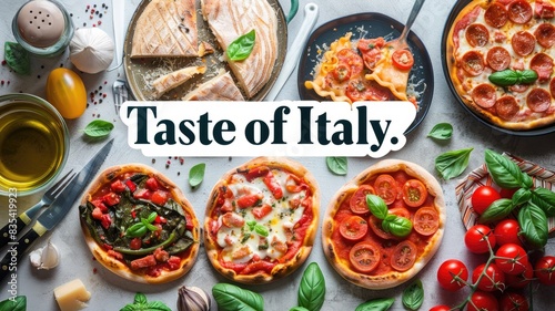 Wallpaper Mural A mouth-watering poster showcasing various Italian dishes, including pizzas and fresh ingredients. Torontodigital.ca