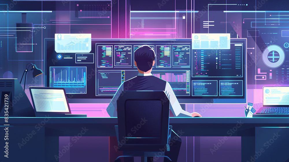 Technical department office scene with male IT programmer desktop computer showing software development code writing website design and database architecture advanced technological environment Technical department office scene with male IT programmer desktop computer showing software development code writing website design and database architecture advanced technological environment